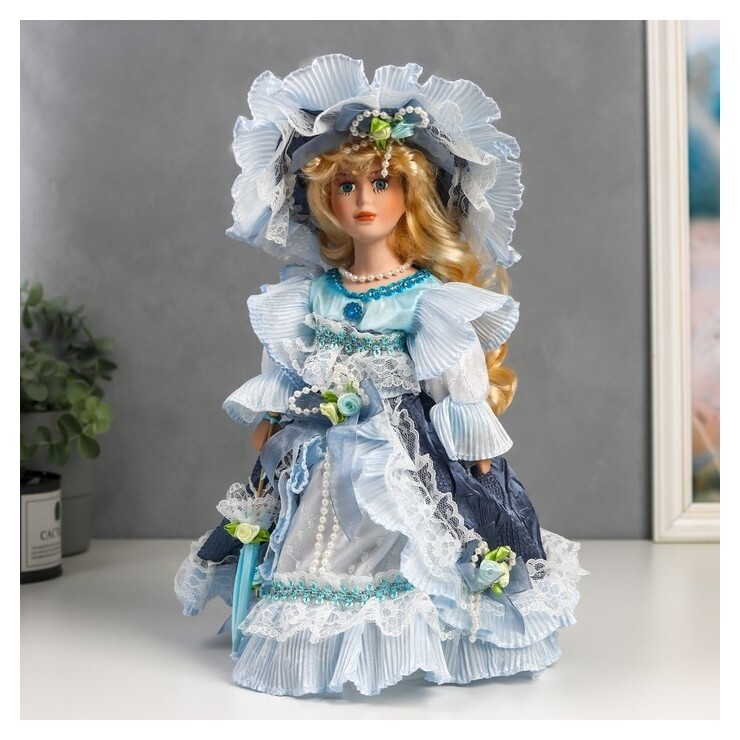 Кукла коллекционная керамика "Леди анна в сине-голубом платье" 30 см  