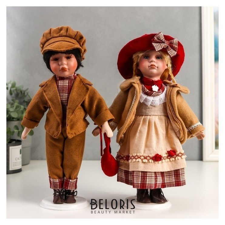 Кукла коллекционная парочка набор 2 шт Оля и саша в бежево-терракотовых нарядах 30 см NNB