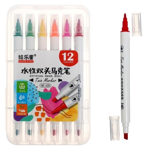 

Набор маркеров 12 цветов, двусторонние, пулевидный и скошенный наконечники