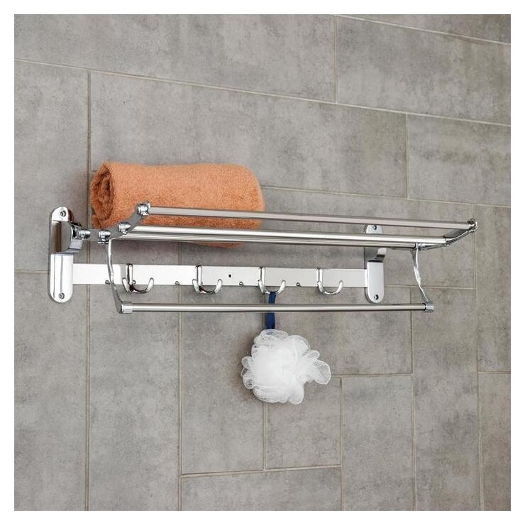 Полка откидная с держателем полотенец, 4 двойных крючка, 59,5×26×14 см, цвет хром  