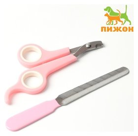 Набор по уходу за когтями: ножницы-когтерезы (Отверстие 6 мм) и пилка, розовый с белым Пижон