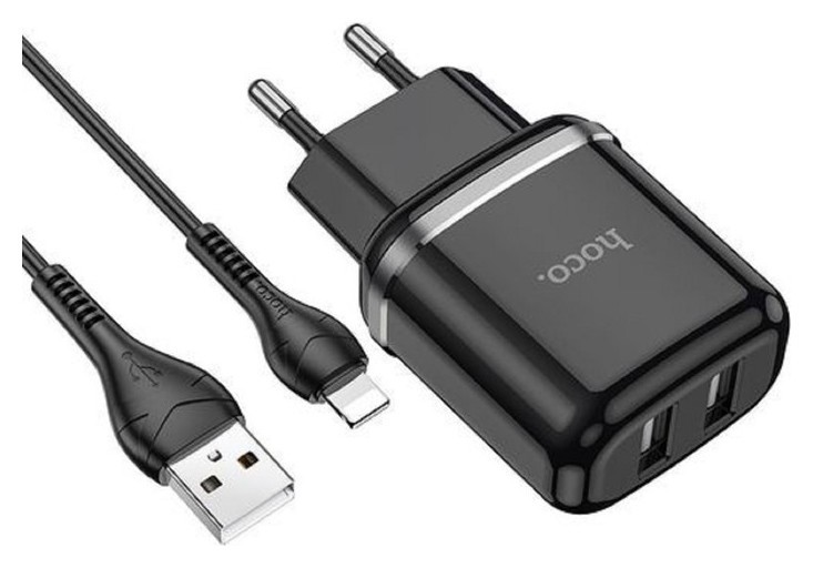 Сетевое зарядное устройство Hoco N4, 2хusb, 2.4 А, кабель Lightning, 1 м, черное