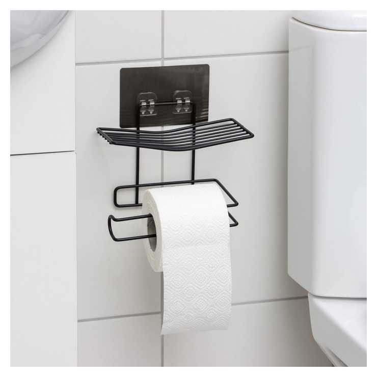 Держатель для туалетной бумаги с полочкой доляна, 18,5×10,5×14,3 см, на липучке, цвет чёрный