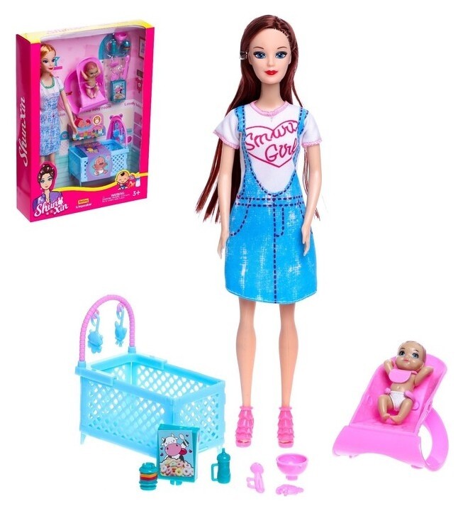 Кукла-модель "Молодая мама" с малышом, кроваткой и аксессуарами  