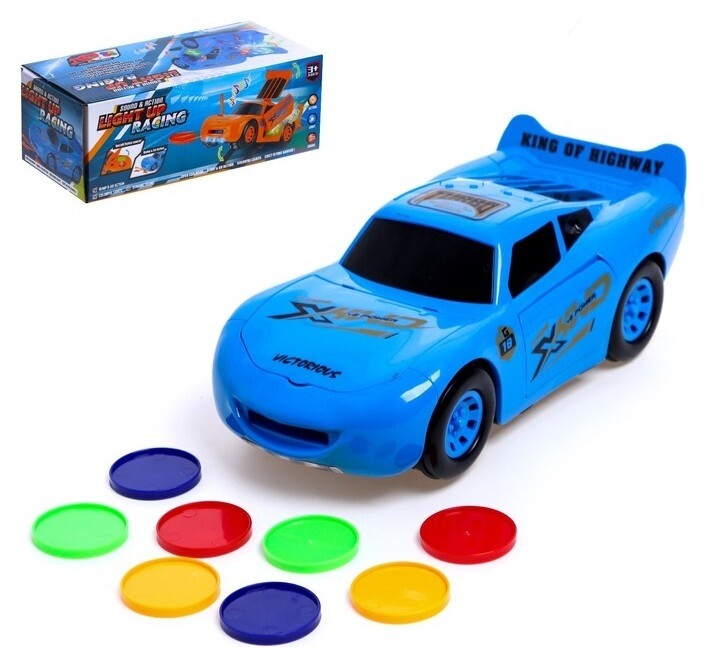 Машина «Тачка», работает от батареек, стреляет дисками, свет и звук, цвет синий 