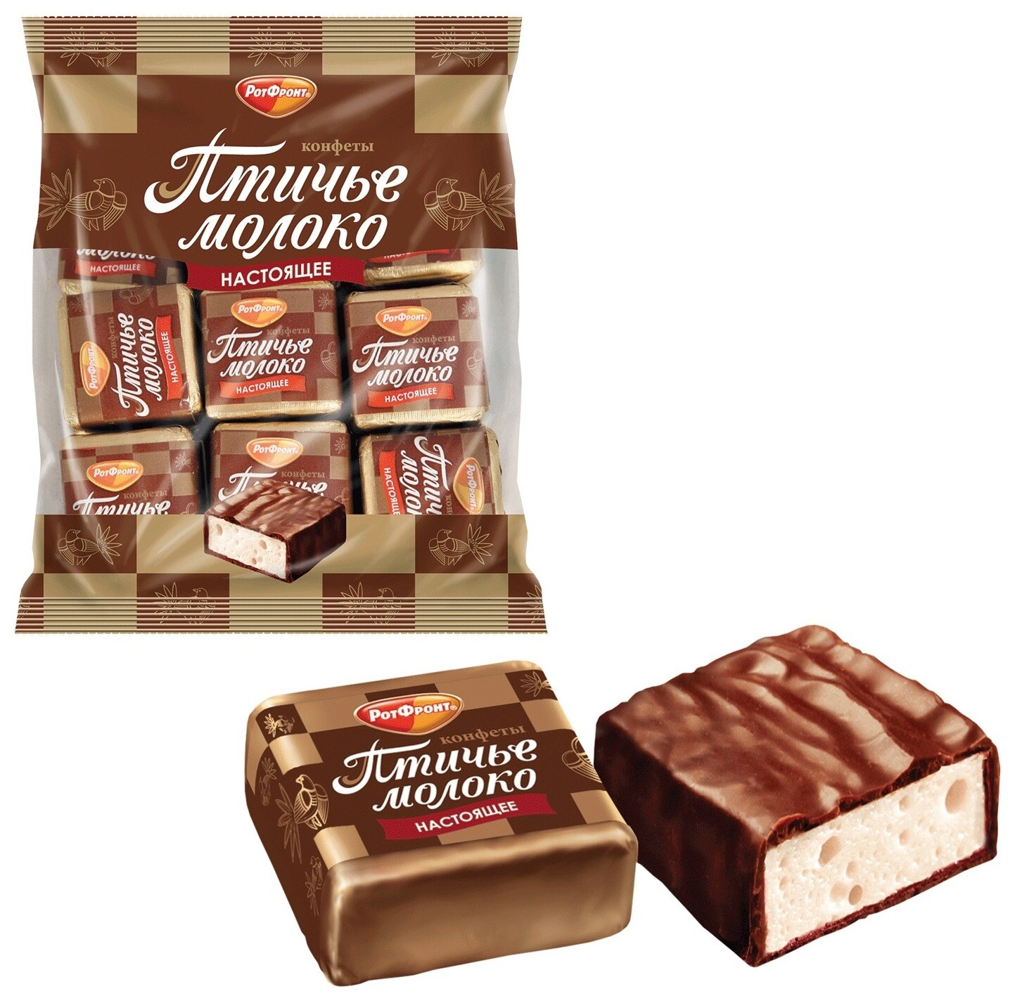 Конфеты шоколадные РОТ фронт "Птичье молоко", суфле, сливочно-ванильные, 225 г, пакет, рф09922  РотФронт