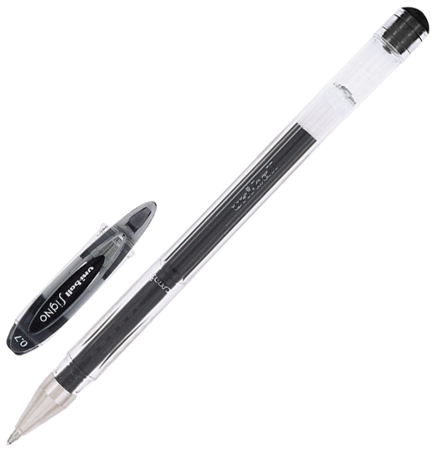 

Ручка гелевая Uni-ball (Япония) "Signo", черная, корпус прозрачный, узел 0,7 мм, линия письма 0,4 мм, Um-120 Black
