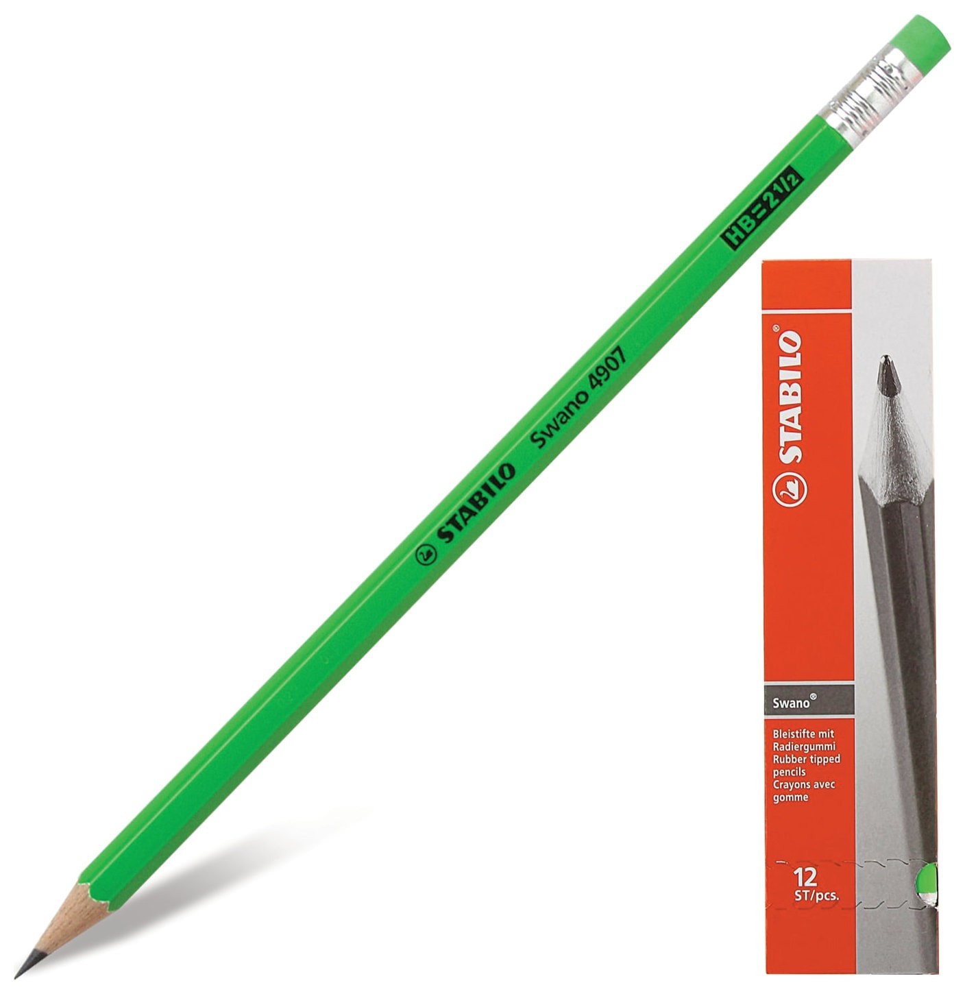 

Карандаш чернографитный Stabilo, 1 шт., "Swano", HB, с резинкой, корпус неоновый зеленый, заточенный, 4907/010hb