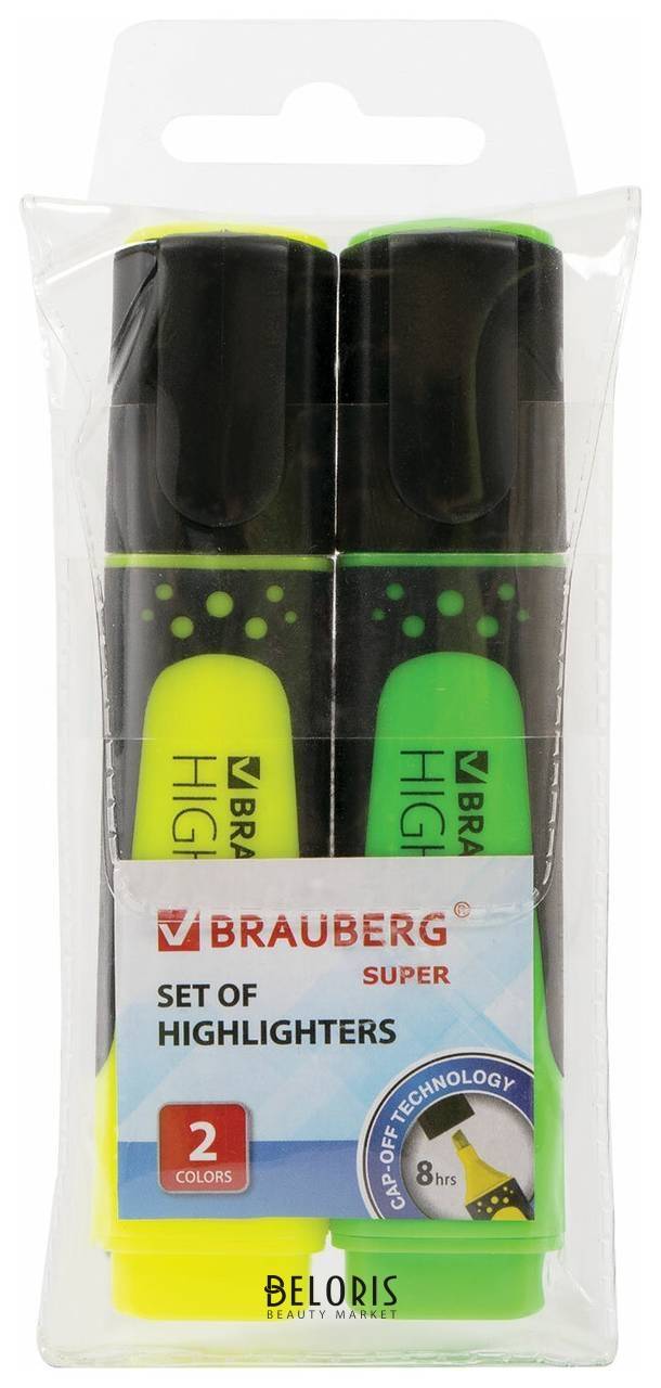 Набор текстовыделителей Brauberg 2 шт., желтый/зеленый, Super, прорезиненный корпус, линия 1-5 мм, 151744 Brauberg