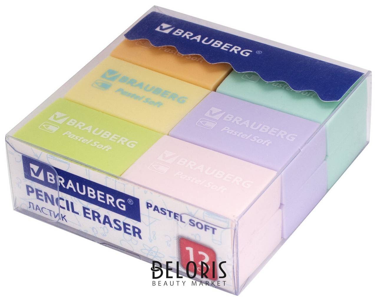 Ластики Brauberg Pastel Soft набор 12 шт., размер ластика 31х20х10 мм, экологичный пвх, 229598 Brauberg