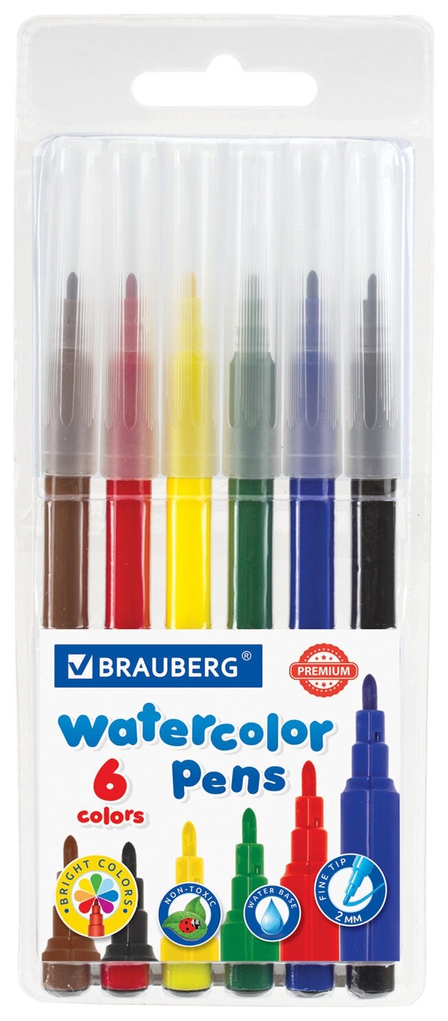 Фломастеры Brauberg "Premium", 6 цветов, классические, вентилируемый колпачок, пвх-упаковка с европодвесом, 151933  Brauberg