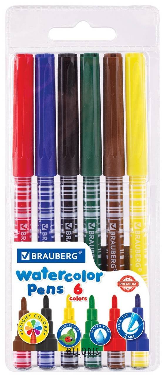 Фломастеры Brauberg Premium, 6 цветов, корпус С печатью, вентилируемый колпачок, пвх-упаковка с европодвесом, 151941 Brauberg