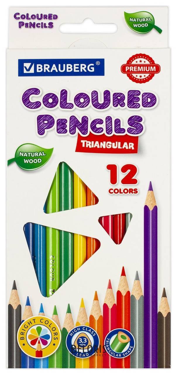 Карандаши цветные Brauberg Premium, 12 цветов, трехгранные, грифель мягкий 3,3 мм, 181651 Brauberg