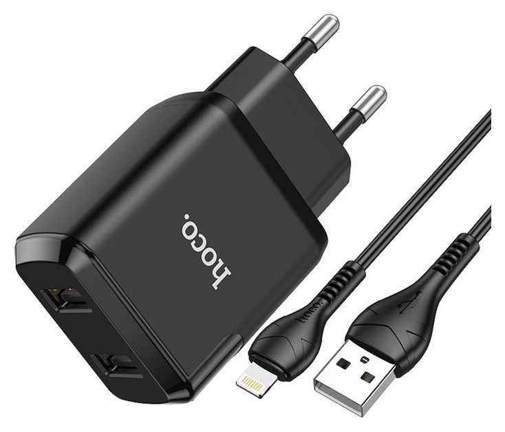 Сетевое зарядное устройство Hoco N7, 2 USB - 2.1 А, кабель Lightning 1 м, черный