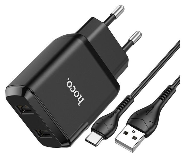 Сетевое зарядное устройство Hoco N7, 2 USB - 2.1 А, кабель Type-c 1 м, черный