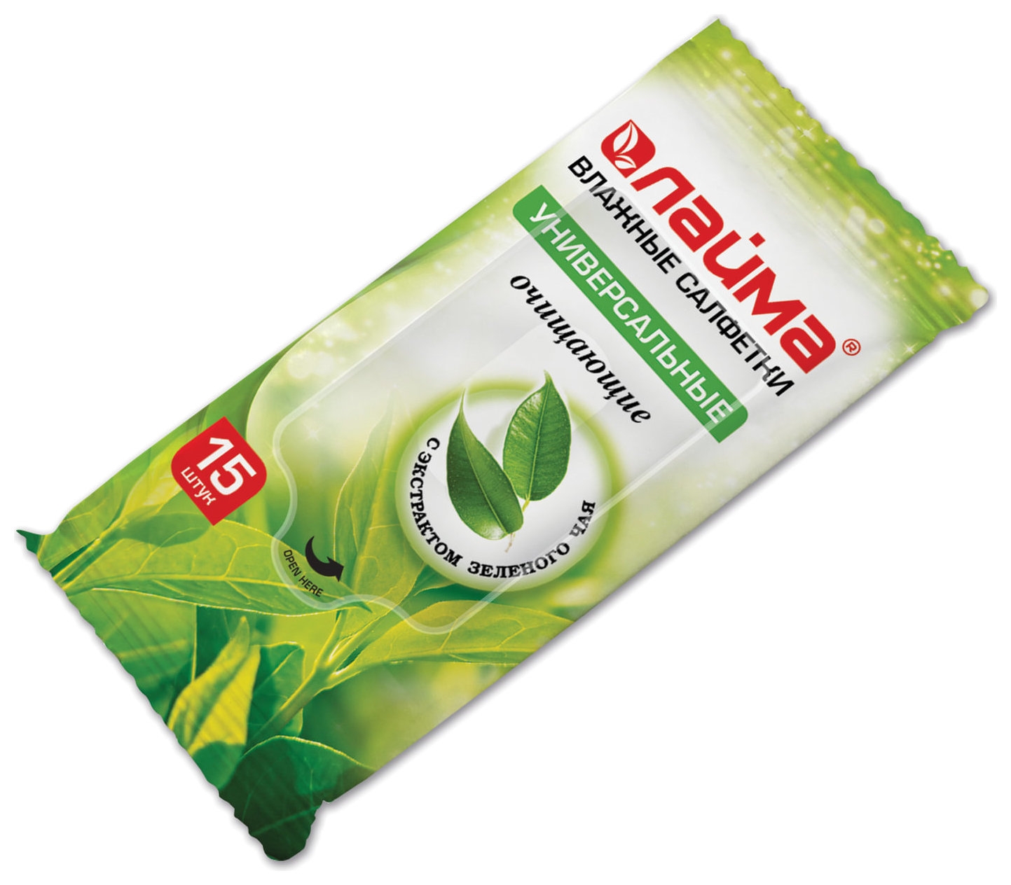 Салфетки влажные 15 шт., Laima/лайма, универсальные очищающие, с экстрактом зеленого чая, 125956
