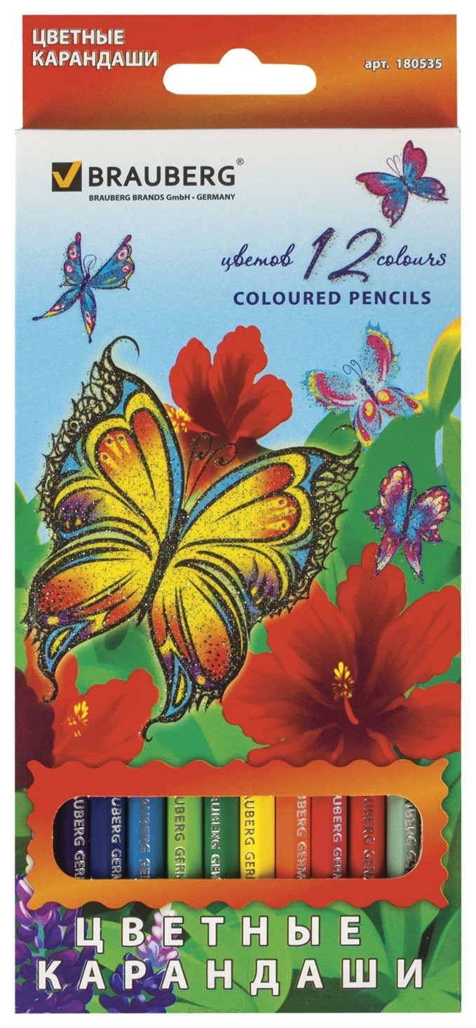 

Карандаши цветные Brauberg "Wonderful Butterfly", 12 цветов, заточенные, картонная упаковка с блестками, 180535