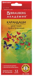 Карандаши цветные Brauberg "Бабочки", набор 12 цветов, трехгранные, корпус с полосками, 181285 Brauberg