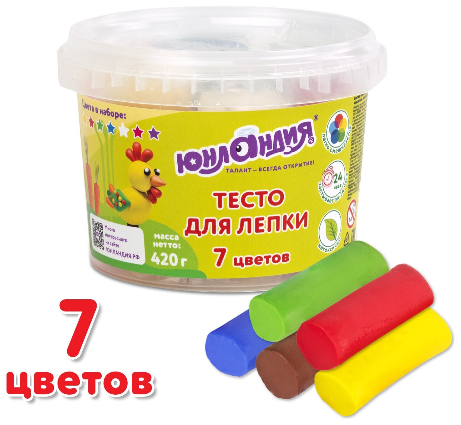 

Пластилин на растительной основе (Тесто для лепки) юнландия, 7 цветов, 420 г, пластиковое ведро, 105506