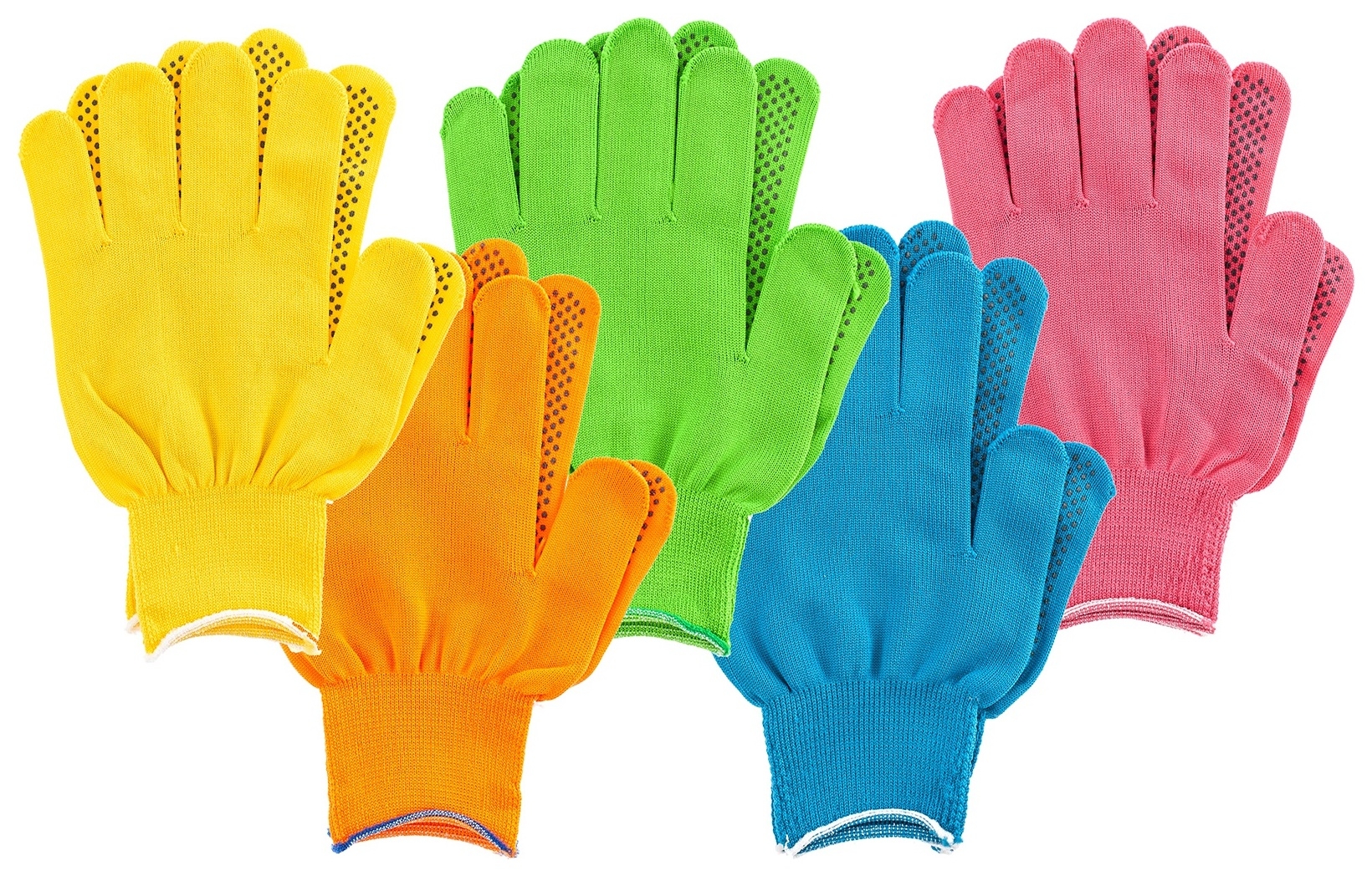 Перчатки в наборе, цвета: зеленый, розовая фуксия, желтый, синий, оранжевый, ПВХ точка, L