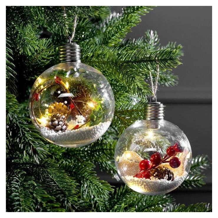 Набор ёлочных шаров «Ветка ели и ягоды» 2 шт., батарейки, 5 Led, свечение тёплое белое LuazON Home