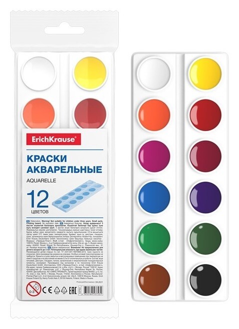 Акварель 12 цветов, Erichkrause, в мягком пластике, без кисти, экономичная упаковка, пакет с европодвесом  Erich krause