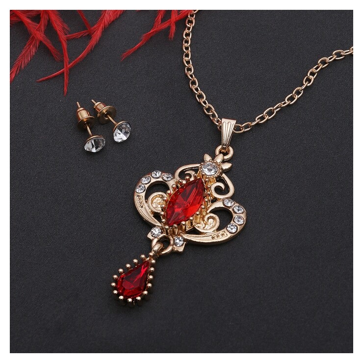 Гарнитур 2 предмета: серьги, кулон "Ажур" вивальди, цвет бело-красный в золоте, 50см  Queen Fair