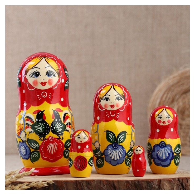 Матрёшка «Городецкая», красный платок, 5 кукольная