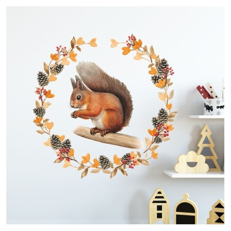 Наклейка пластик интерьерная цветная "Белочка с осенним венком" 39х40 см