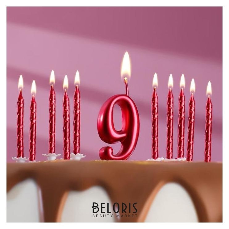 Набор свечей для торта (2 в 1) рубиновая цифра 9+ свечиС днём рождения рубин 10 шт Страна Карнавалия