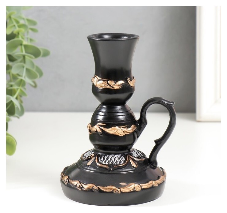 Подсвечник полистоун "Лампа с цветущим узором" D-3 см, чёрный 10х9х13,5 см  