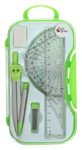 Готовальня 7 предметов (Циркуль, грифели, ластик, линейка-15 см, 2 угольника, траспортир), в пластиковом пенале  Calligrata