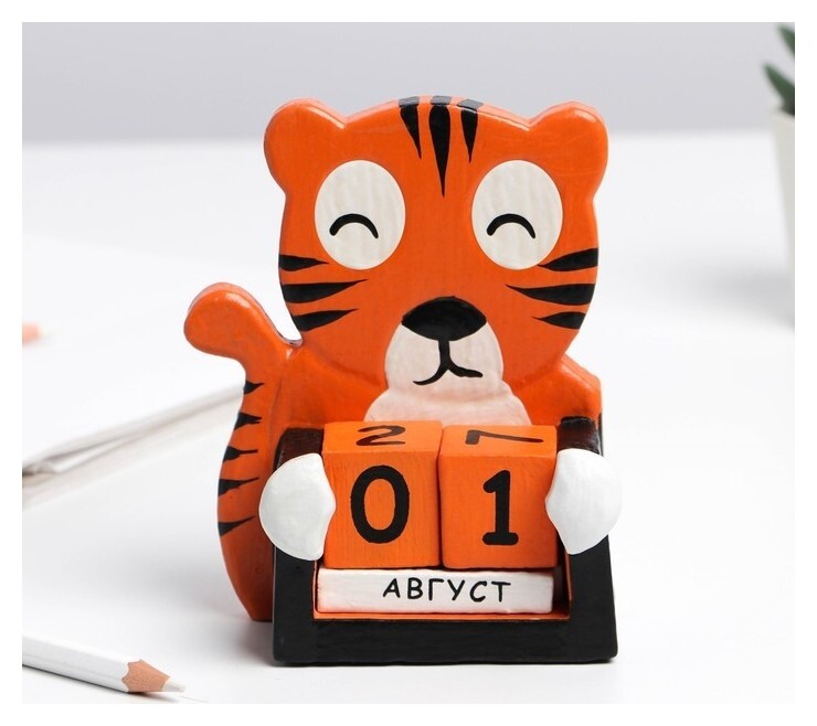 Вечный календарь "Тигр", дерево албезия, ручная работа  