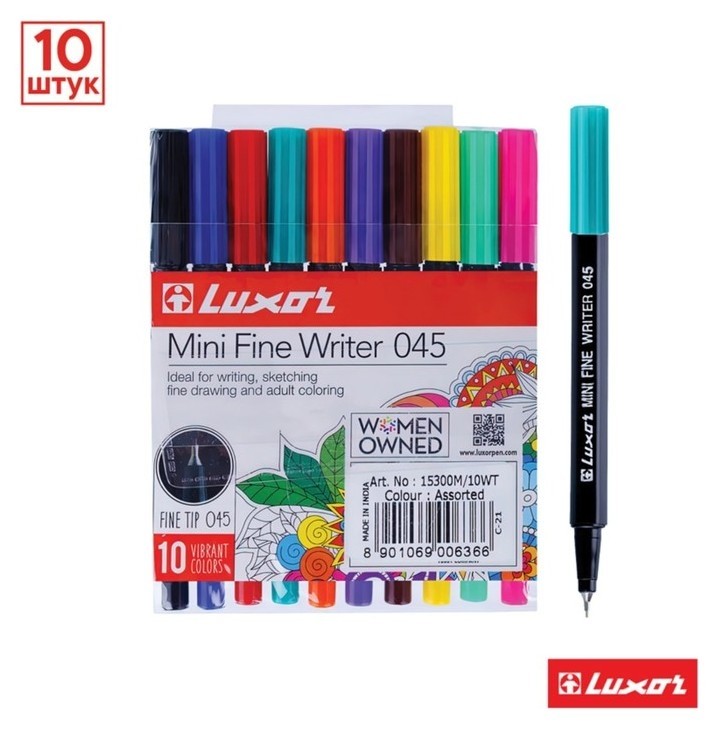 Набор капиллярных ручек 10 цветов, 0.8 мм, Luxor Mini Fine Writer 045, европодвес