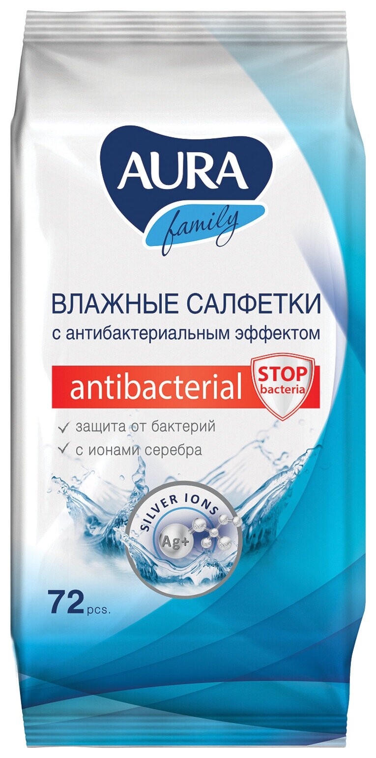 Салфетки влажные, 72 шт., Aura "Family", антибактериальные, для всей семьи, 26065, 7044  Aura