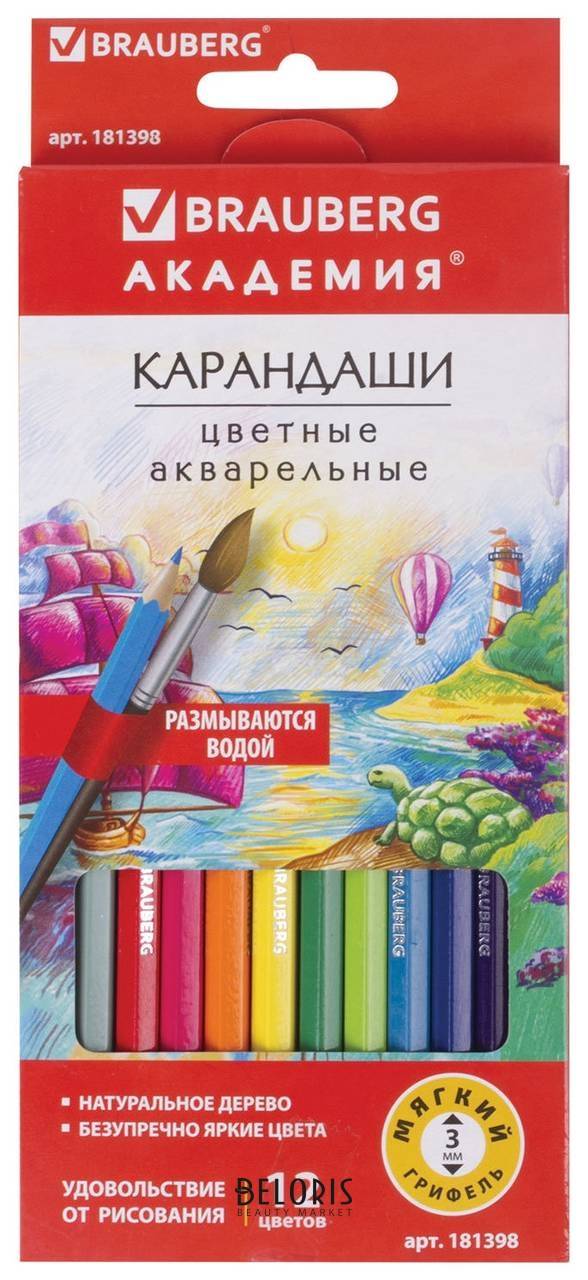 Карандаши цветные акварельные Brauberg Академия, 12 цветов, шестигранные, высокое качество, 181398 Brauberg