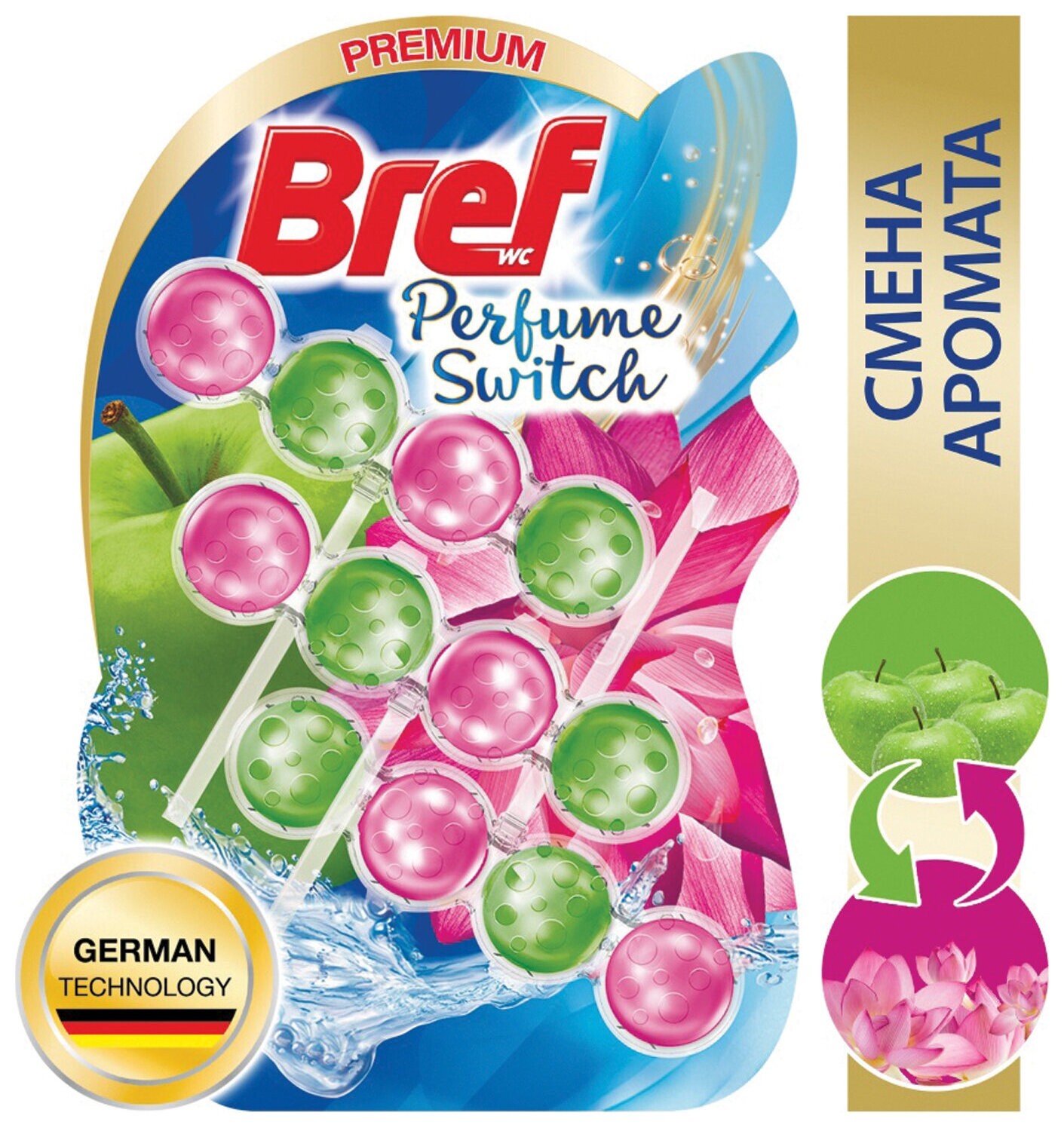 Блок туалетный подвесной твердый 3 шт. х 50 г Bref (Бреф) Perfume Switch, "Яблоня-лотос", 2336888  Bref