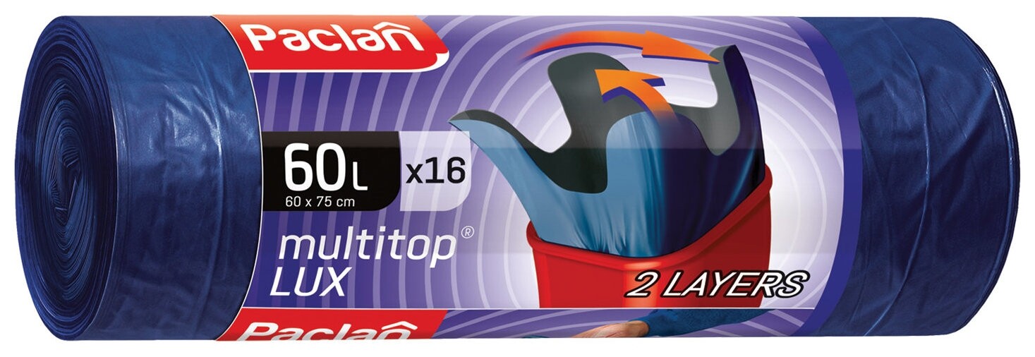 Мешки для мусора 60 л, с ушками, синие, рулон 16 шт., пвд, 30 мкм, 60х75 см, Paclan "Multitop Lux", 134474  Paclan