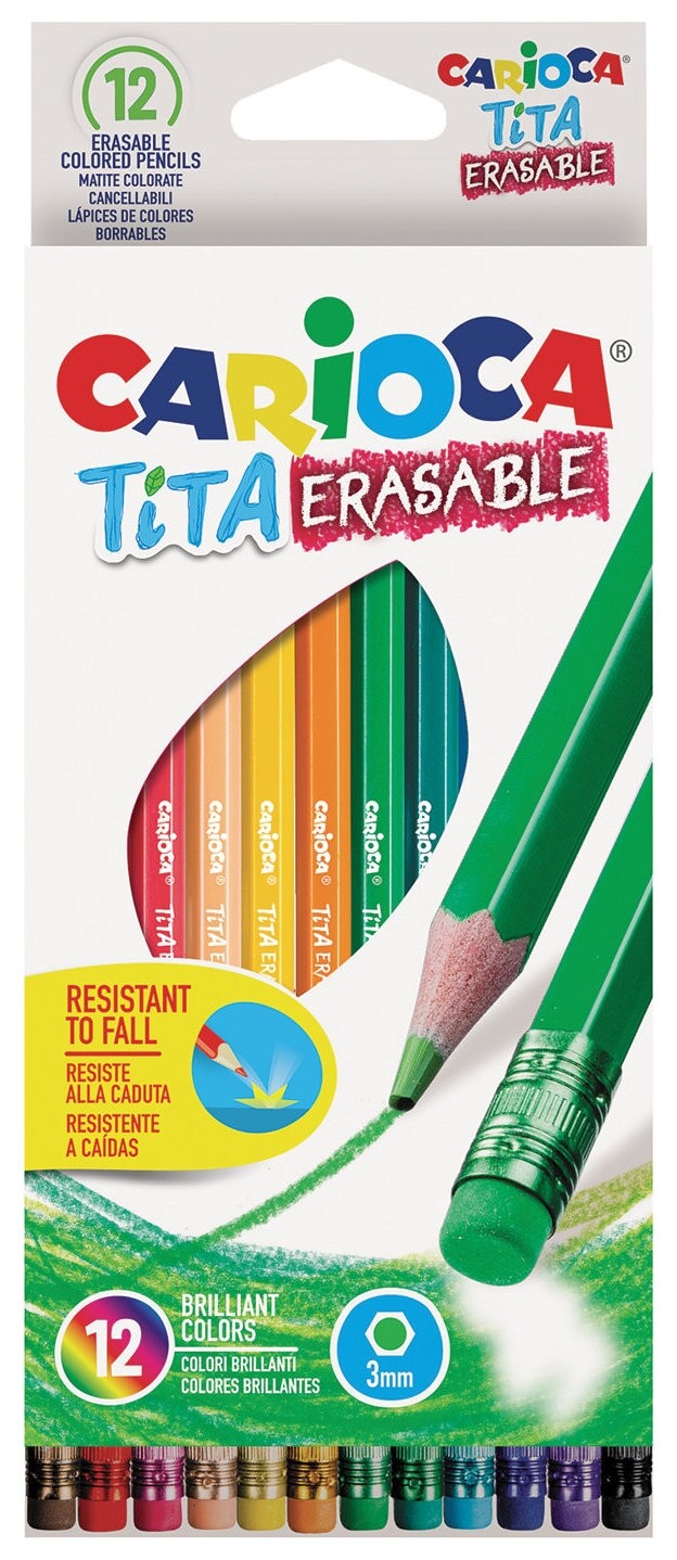 Карандаши цветные стираемые с резинкой Carioca "Erasable", 12 цветов, пластик, шестигранные, заточенные, 42897  Carioca