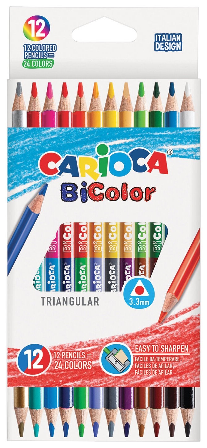 

Карандаши двусторонние Carioca "Bi-color", 12 штук, 24 цвета, трехгранные, заточенные, 42991