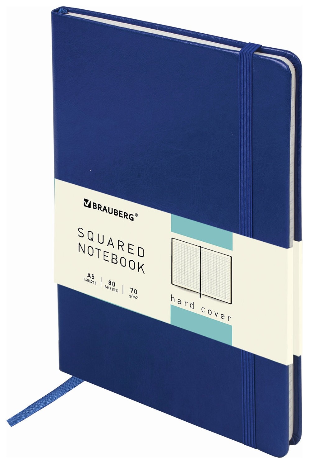 Блокнот А5 (148x218 мм), Brauberg "Metropolis Special", под кожу, 80 л., резинка, клетка, синий, 111574  Brauberg