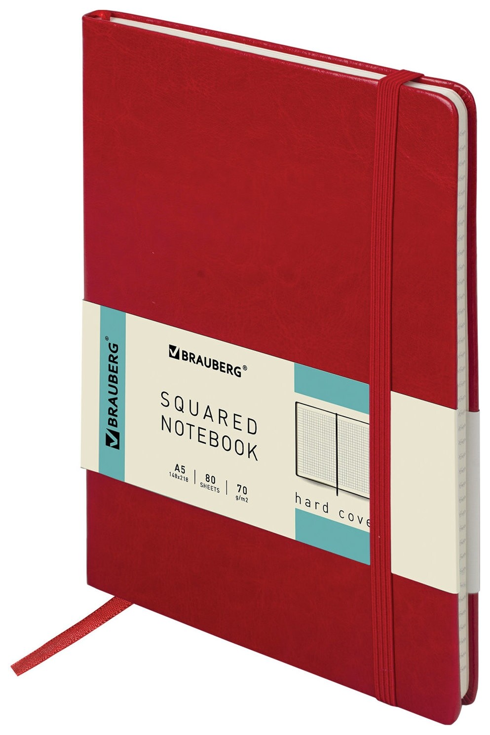 Блокнот А5 (148x218 мм), Brauberg "Metropolis Special", под кожу, 80 л., резинка, клетка, красный, 111575  Brauberg