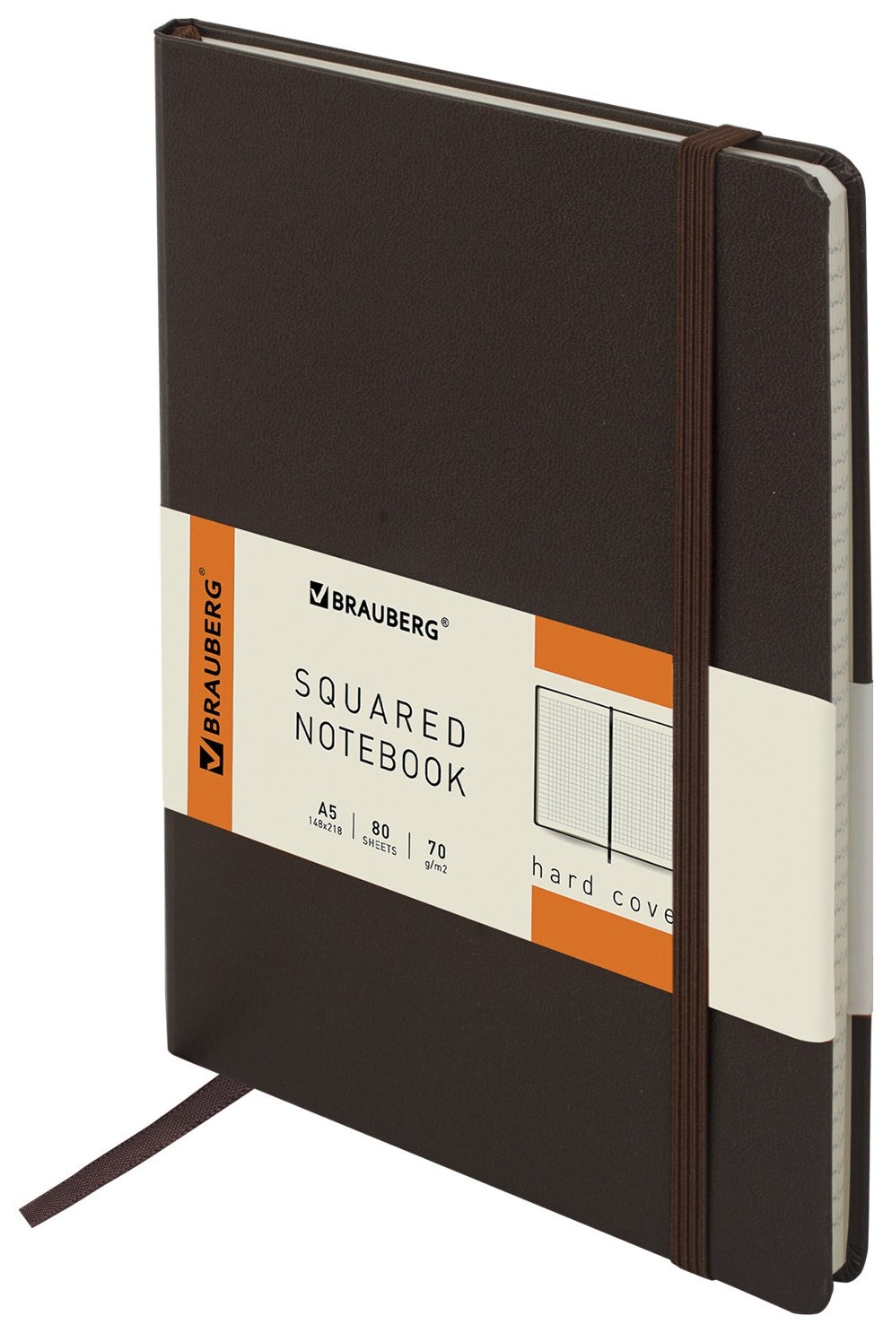 Блокнот А5 (148x218 мм), Brauberg "Metropolis", балакрон, 80 л., резинка, клетка, коричневый, 111586  Brauberg