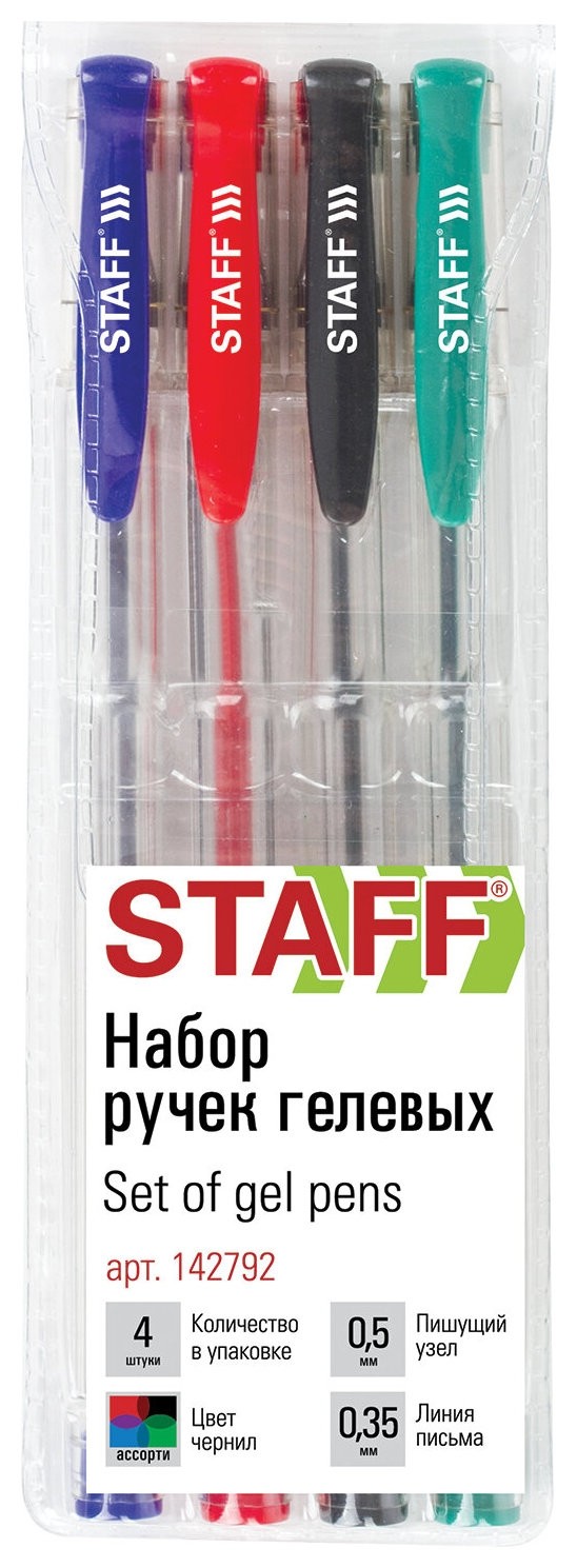 

Ручки гелевые Staff "Basic" Gp-789, набор 4 цвета, хромированный наконечник, узел 0,5 мм, 142792