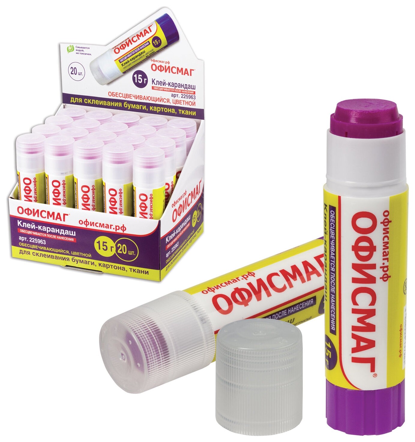 Клей-карандаш офисмаг 15 г, обесцвечивающийся после высыхания, 225963  Офисмаг