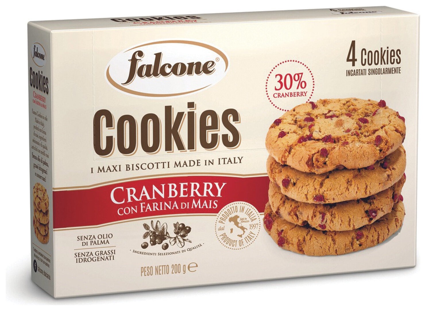 Печенье сахарное Falcone "Cookies" с клюквой и кукурузной мукой, 200 г, картонная упаковка, Mc-00013547 Falcone