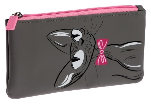 Пенал мягкий 1 отд. плоский 100*200 феникс кож.зам "Кот в бабочке" дев серый/роз 58401  Феникс+