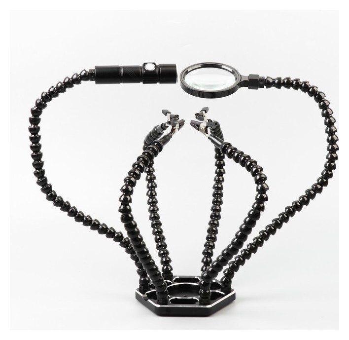 Приспособление удерживающее для пайки, 4 держателя, лупа, подсветка  