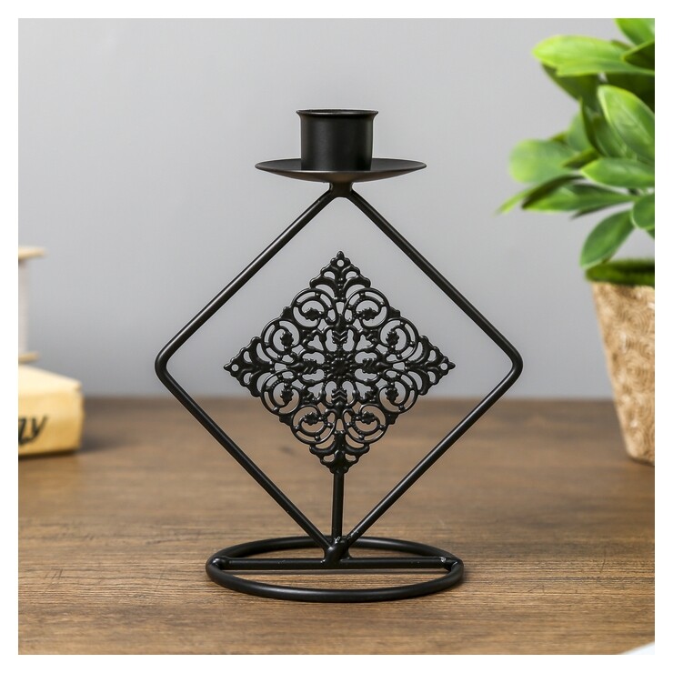 Подсвечник металл на 1 свечу "Два ромба с узором" чёрный 14,5х11,5х8 см  