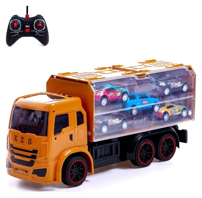 Грузовик радиоуправляемый «Автовоз», с 5 машинками, работает от аккумулятора, цвет жёлтый  